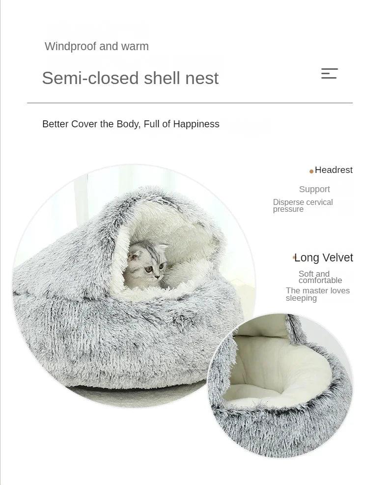 2 in 1 Winter Soft Plush Pet Bed with Cover Round Cat Bed Pet Mattress Warm Cat Dog Sleeping Nest Cave for Small Dogs Kitten