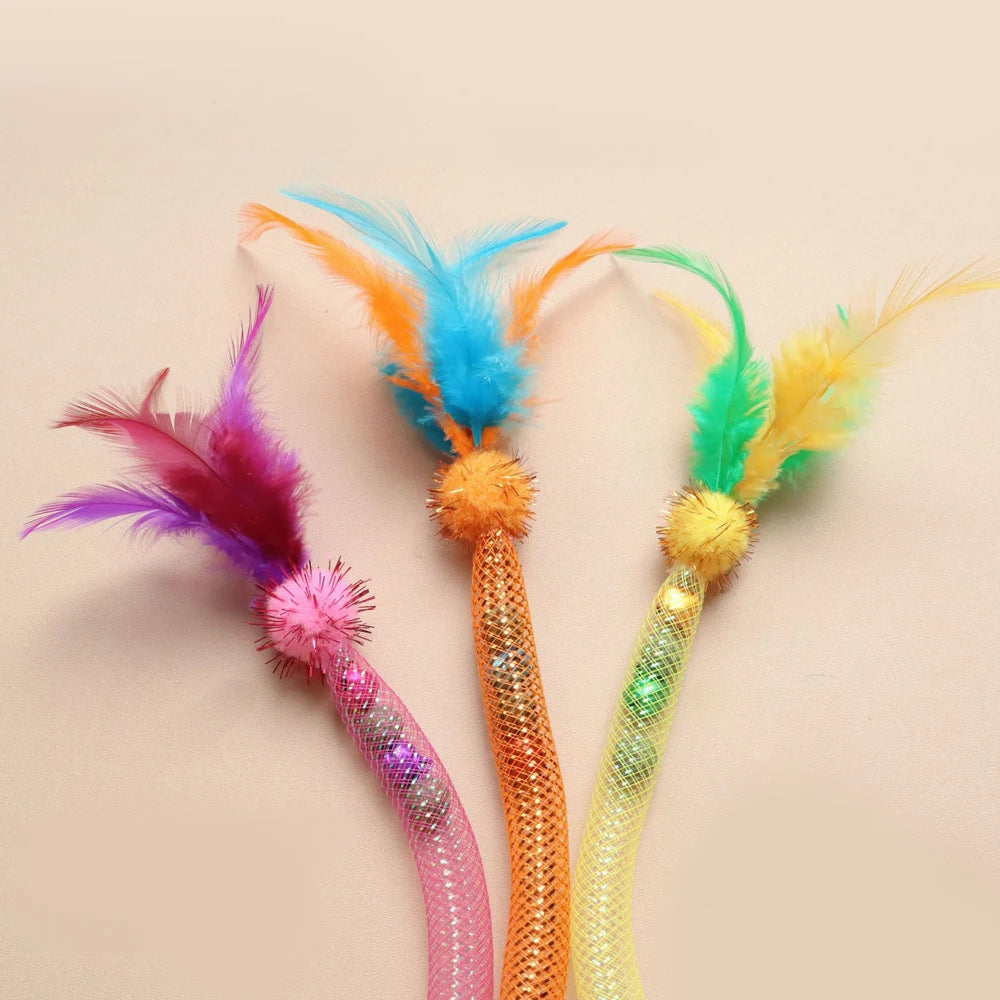 5pcs Random Mix Mint Ball Elastic Net Cat Teaser Stick Kitten Interactive Scratching Feather Toys Funny Pet Supplies