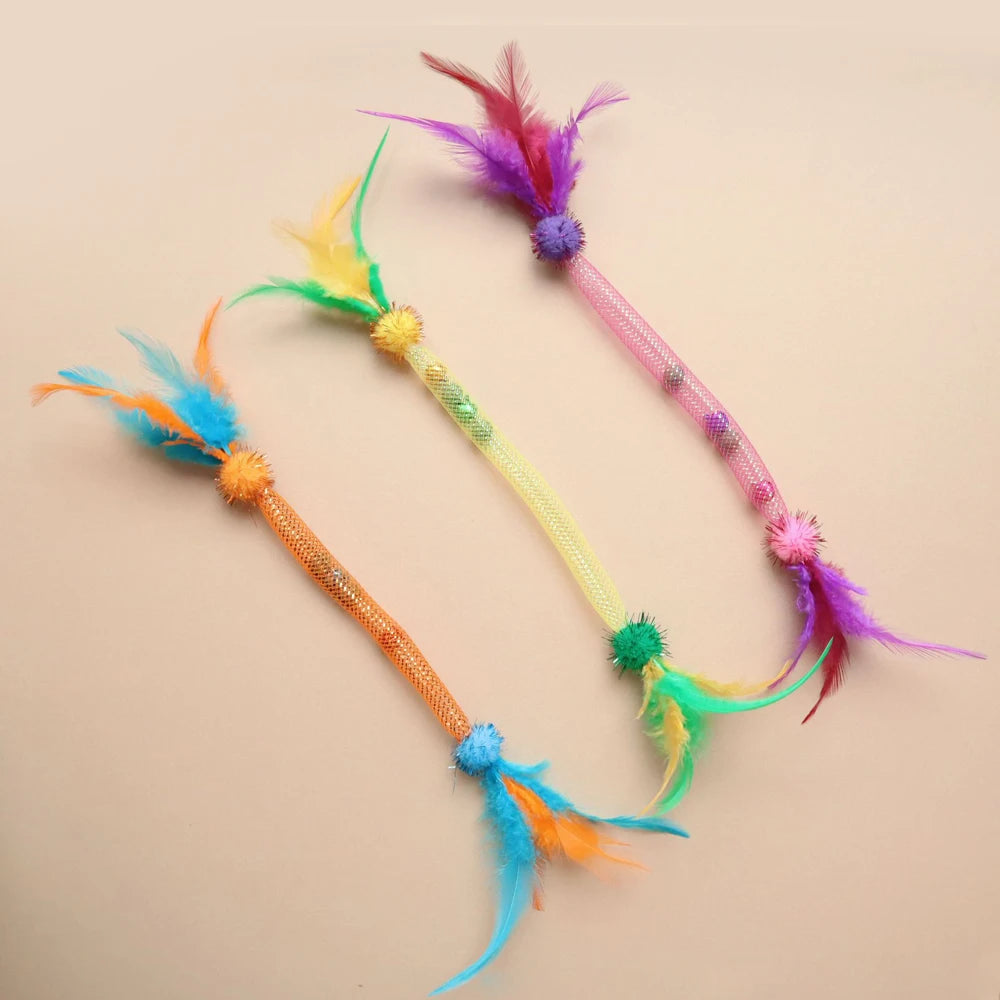 5pcs Random Mix Mint Ball Elastic Net Cat Teaser Stick Kitten Interactive Scratching Feather Toys Funny Pet Supplies