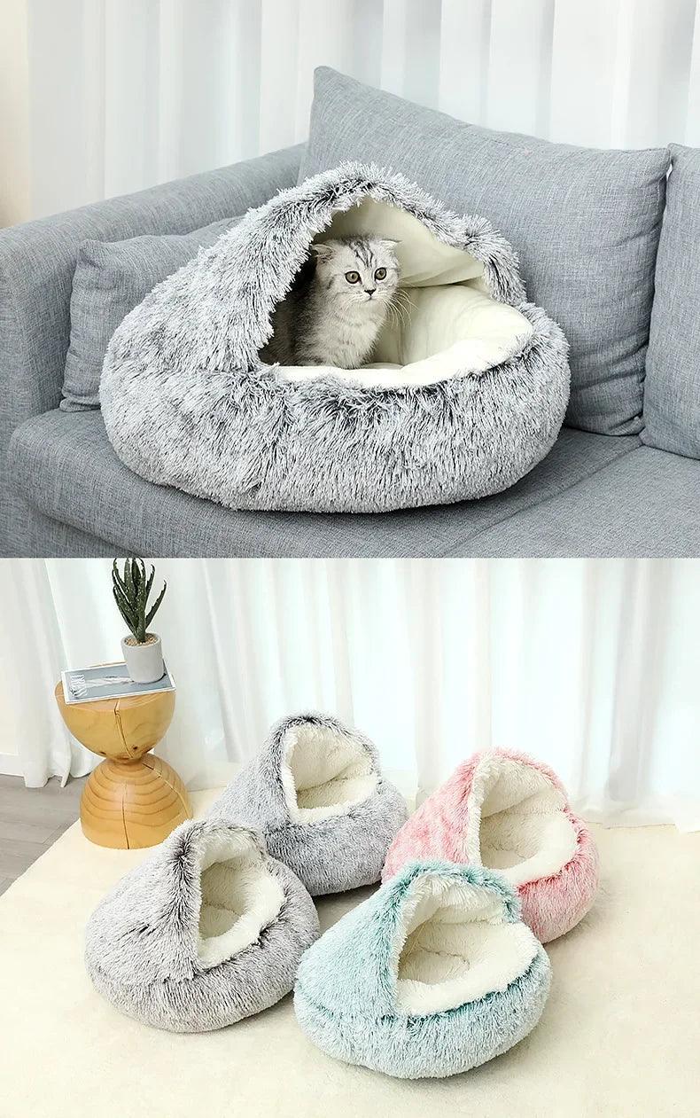 2 in 1 Winter Soft Plush Pet Bed with Cover Round Cat Bed Pet Mattress Warm Cat Dog Sleeping Nest Cave for Small Dogs Kitten