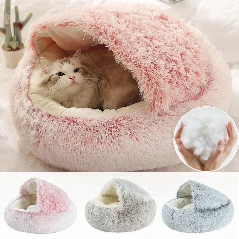 2 in 1 Winter Soft Plush Pet Bed with Cover Round Cat Bed Pet Mattress Warm Cat Dog Sleeping Nest Cave for Small Dogs Kitten