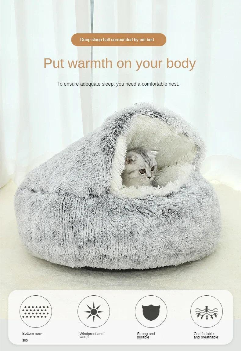 2 in 1 Winter Soft Plush Pet Bed with Cover Round Cat Bed Pet Mattress Warm Cat Dog Sleeping Nest Cave for Small Dogs Kitten