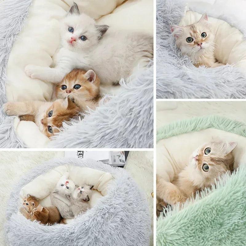 2 in 1 Winter Soft Plush Pet Bed with Cover Round Cat Bed Pet Mattress Warm Cat Dog Sleeping Nest Cave for Small Dogs Kitten